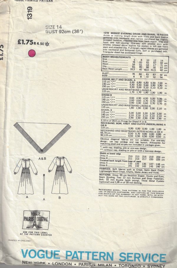 1975-Vintage-VOGUE-Sewing-Pattern-B36-DRESS-SHAWL-1700-By-Christian-Dior-262539000337-2