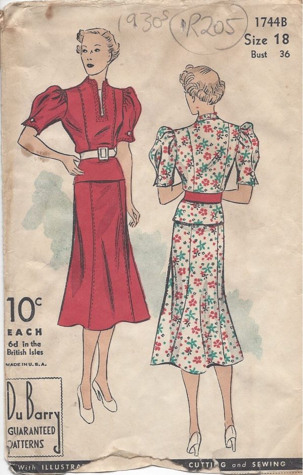1930s-Vintage-Sewing-Pattern-B36-TWO-PIECE-DRESS-R205-By-DU-BARRY-251154315658