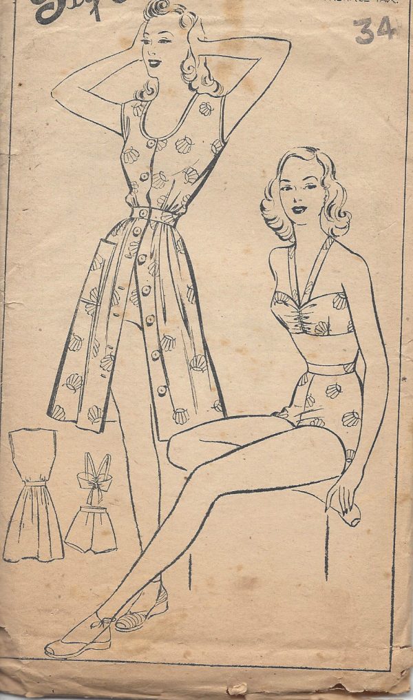 1940s-Vintage-Sewing-Pattern-B34-SUN-SUIT-DRESS-PANTIE-BRASSIERE-R747-251181742958