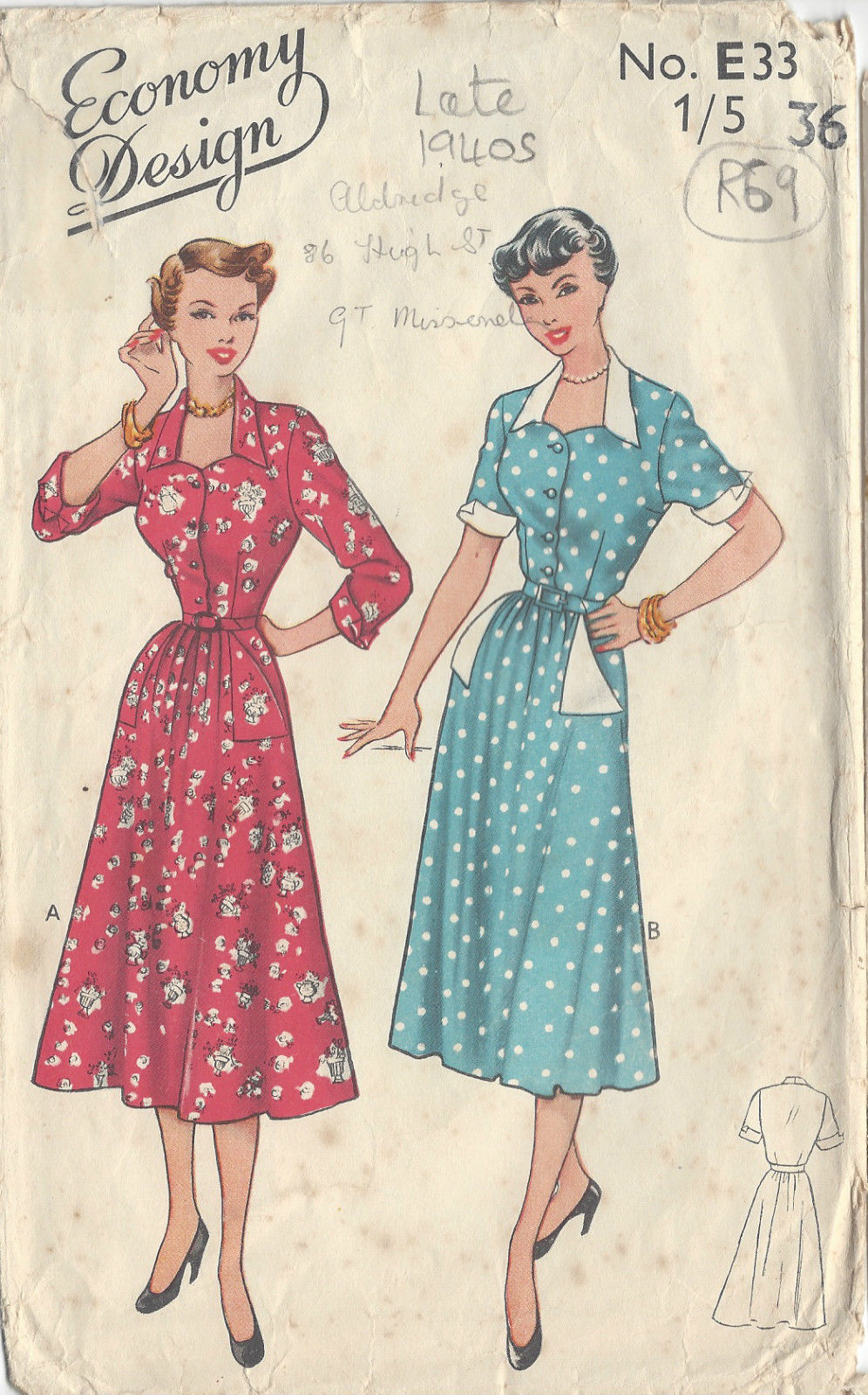 1940s Vintage Sewing Pattern DRESS B36" (R69) The