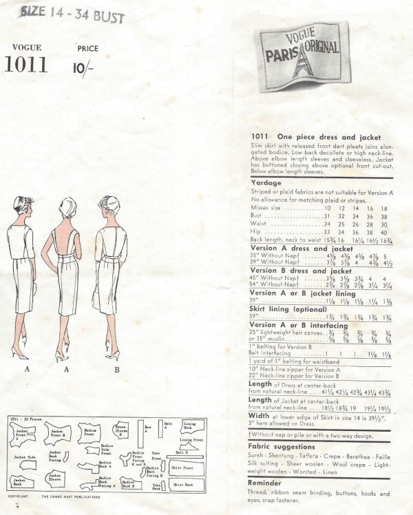 1960-Vintage-VOGUE-Sewing-Pattern-DRESS-JACKET-B34-1389-By-Patou-251820800658-2