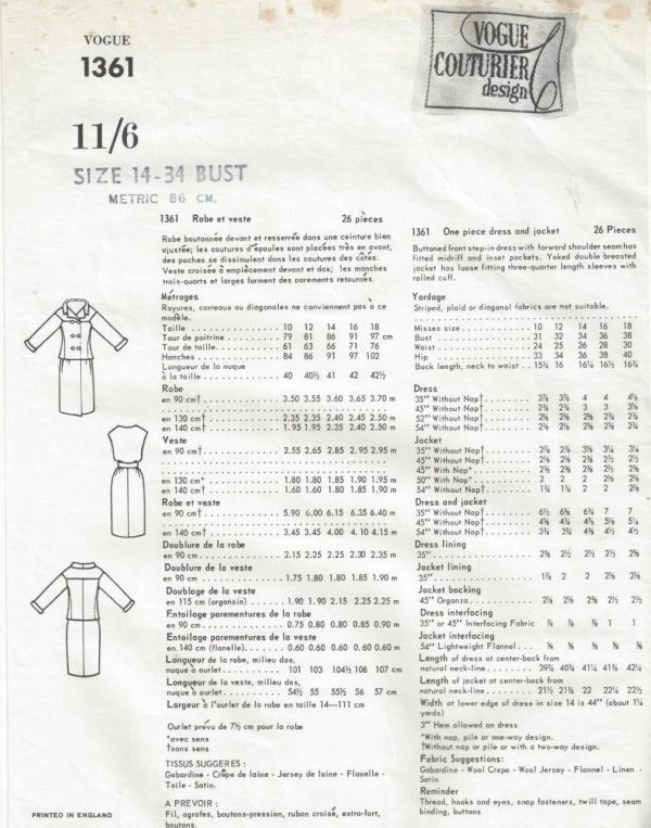 1964-Vintage-VOGUE-Sewing-Pattern-B34-DRESS-JACKET-1726-By-Galitzine-262601124718-2