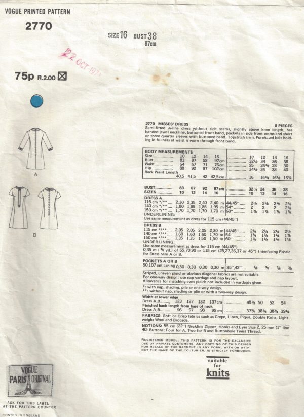 1972-Vintage-VOGUE-Sewing-Pattern-DRESS-B38-1693-By-Molyneux-262557450258-2