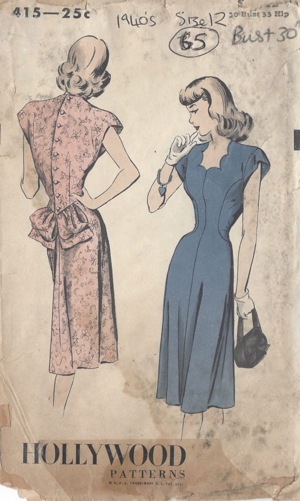 1940s-Vintage-Sewing-Pattern-B30-DRESS-65-HOLLYWOOD-PATTERN-251174210089