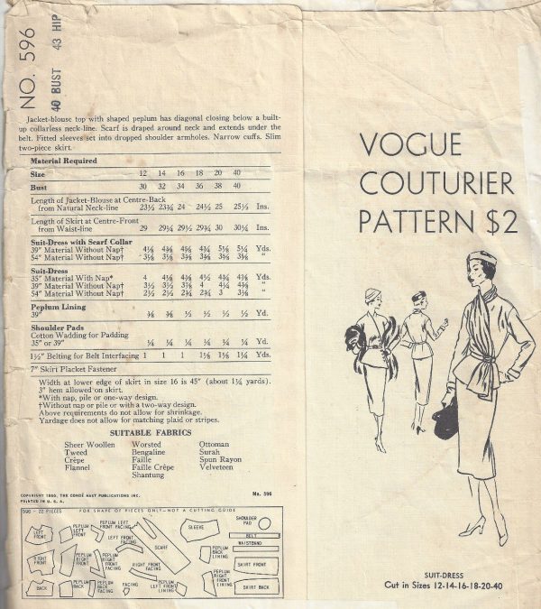 1950-Vintage-VOGUE-Sewing-Pattern-B40-SUIT-DRESS-SKIRT-JACKET-SCARF-1400RR-252701330609-2