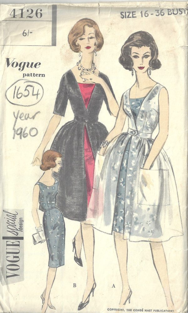 1960-Vintage-VOGUE-Sewing-Pattern-B36-DRESS-REDINGOTE-1654-262447977479