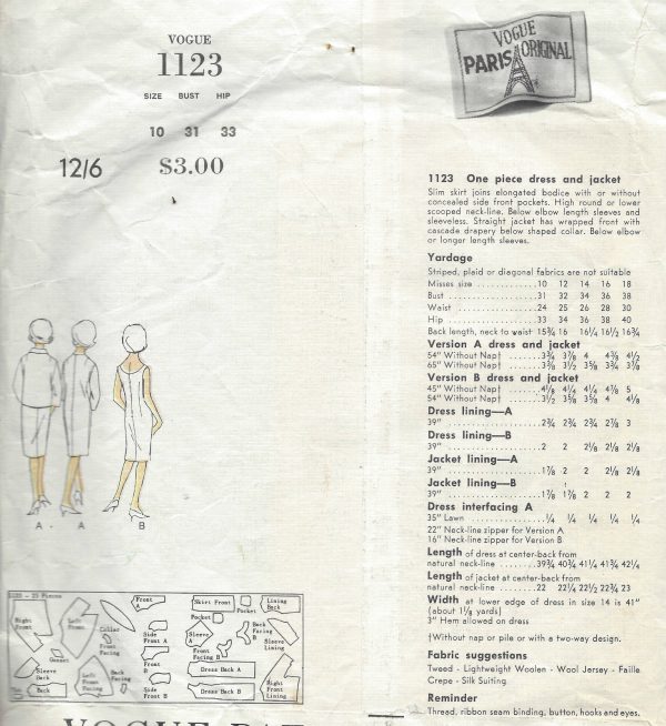 1961-Vintage-VOGUE-Sewing-Pattern-B31-DRESS-JACKET-1339-By-JACQUES-GRIFFE-261648110689-2