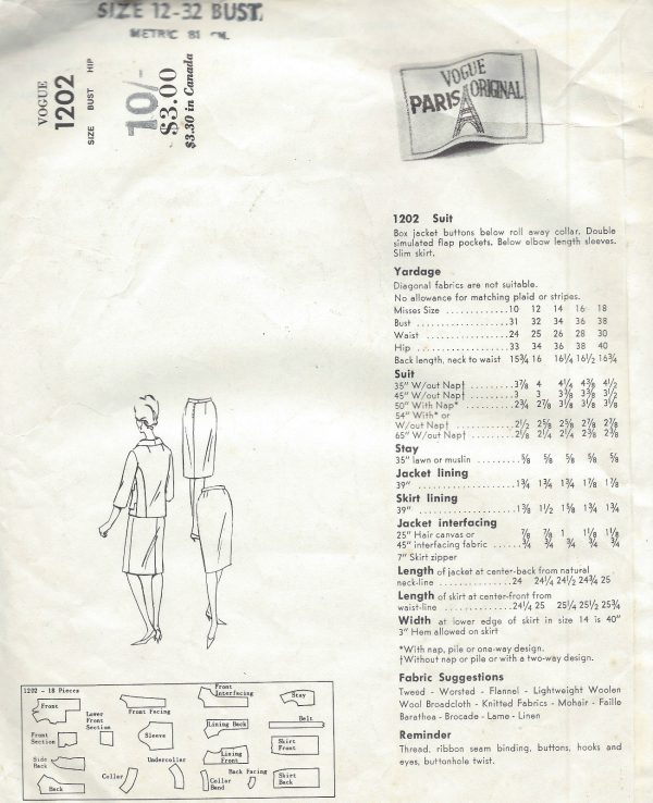 Patou 1960's Vogue 1202 Paris Original Box Jacket Slim Suit Skirt Pattern Bust 34
