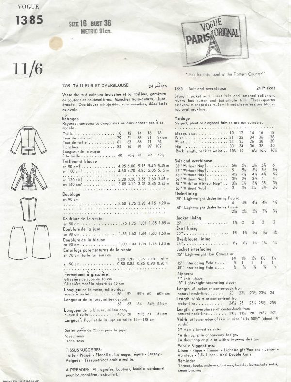 1964-Vintage-VOGUE-Sewing-Pattern-B36-JACKET-SKIRT-OVERBLOUSE-1516-By-LANVIN-262066526259-2