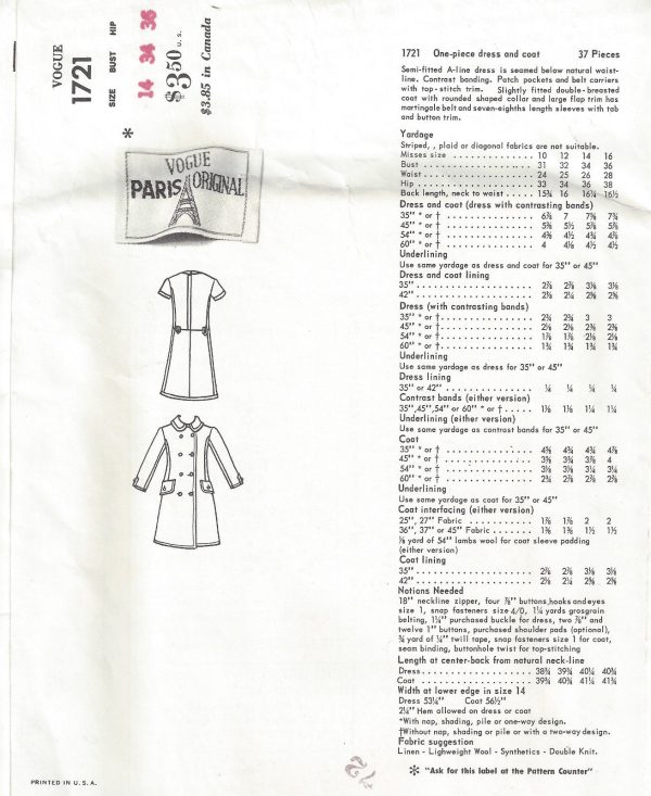 1967-Vintage-VOGUE-Sewing-Pattern-B34-COAT-DRESS-1776-By-YVES-SAINT-LAURENT-262786391549-2
