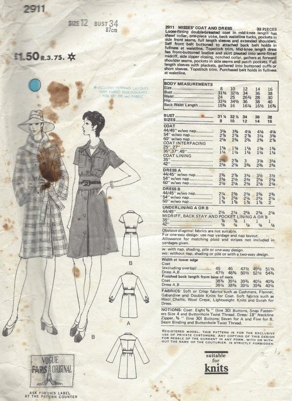 1973-Vintage-VOGUE-Sewing-Pattern-B34-DRESS-COAT-1520R-Christian-Dior-252104559449-3
